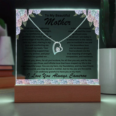 Mother Keepsake LED Lighted Acrylic Plaque with Heart Pendant Necklace