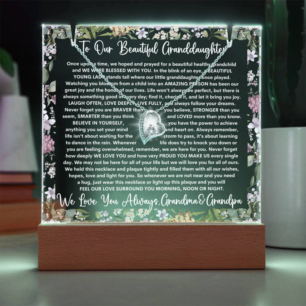 Granddaughter From Grandma & Grandpa (or just Grandma or Grandpa) Keepsake LED Lighted Acrylic Plaque & Forever Love Necklace