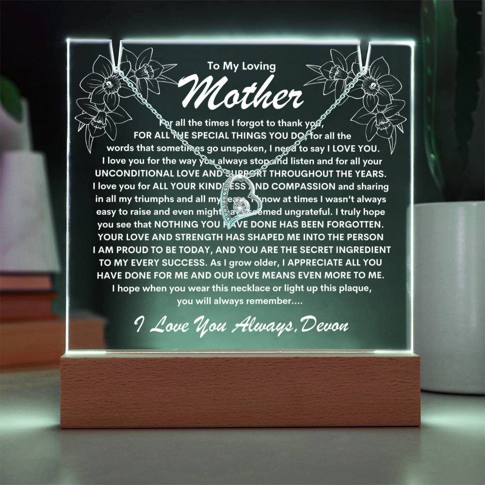 Mother Keepsake LED Lighted Acrylic Plaque With Forever Love Heart Pendant Necklace