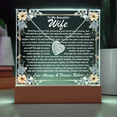 Wife Keepsake  LED Lighted Acrylic Plaque With Heart Pendant Necklace