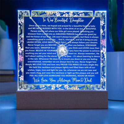 Daughter From Mom & Dad (or just Mom or Dad) Keepsake LED Lighted Acrylic Plaque & Forever Love Necklace