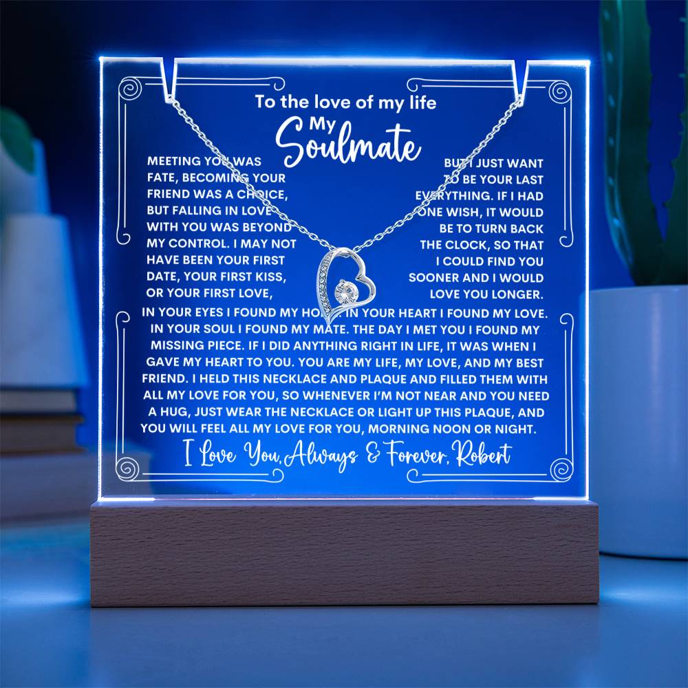 Soulmate Keepsake LED Lighted Acrylic Plaque With Forever Love Heart Pendant Necklace