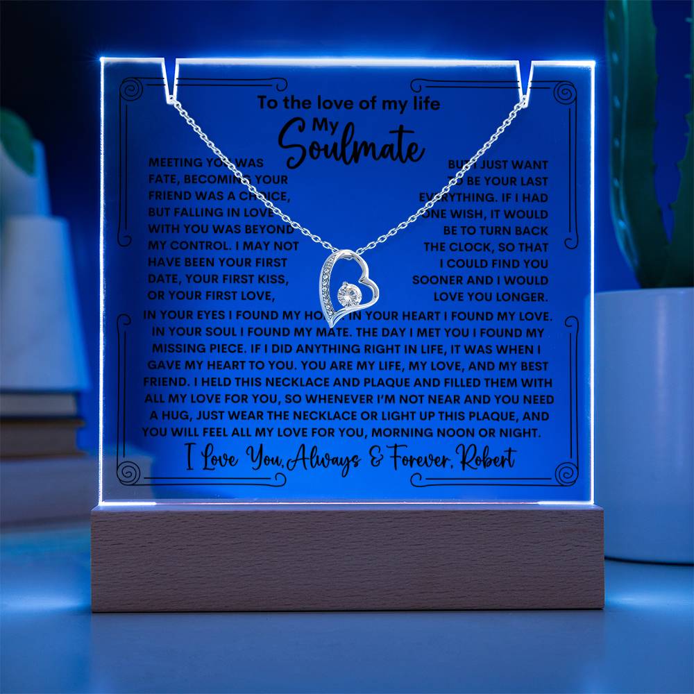 Soulmate Keepsake LED Lighted Acrylic Plaque With Forever Love Heart Pendant Necklace