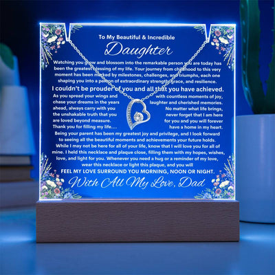 Daughter From Dad (or Mom ) Keepsake LED Lighted Acrylic Plaque & Forever Love Necklace