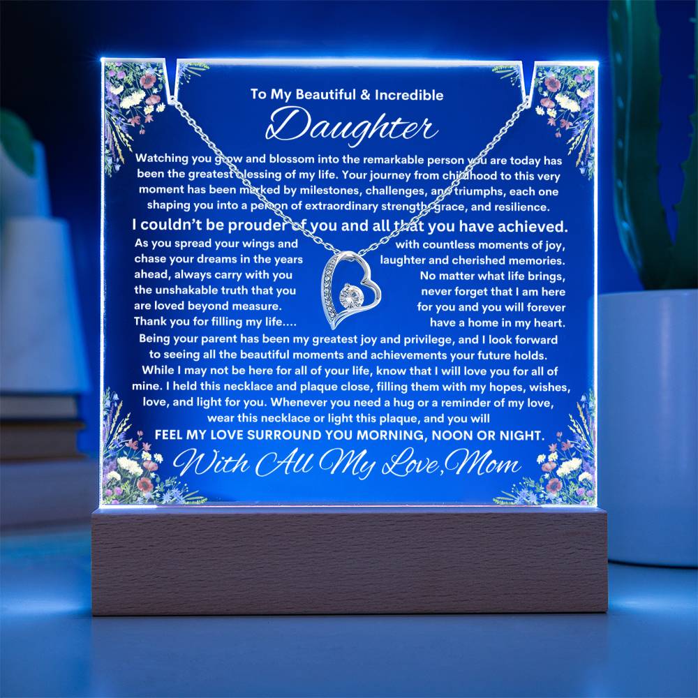 Daughter From Mom (or Dad ) Keepsake LED Lighted Acrylic Plaque & Forever Love Necklace