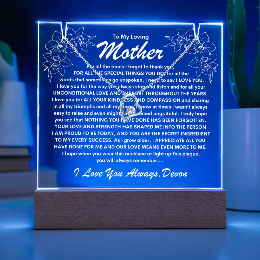 Mother Keepsake LED Lighted Acrylic Plaque With Forever Love Heart Pendant Necklace