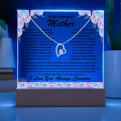 Mother Keepsake LED Lighted Acrylic Plaque with Heart Pendant Necklace