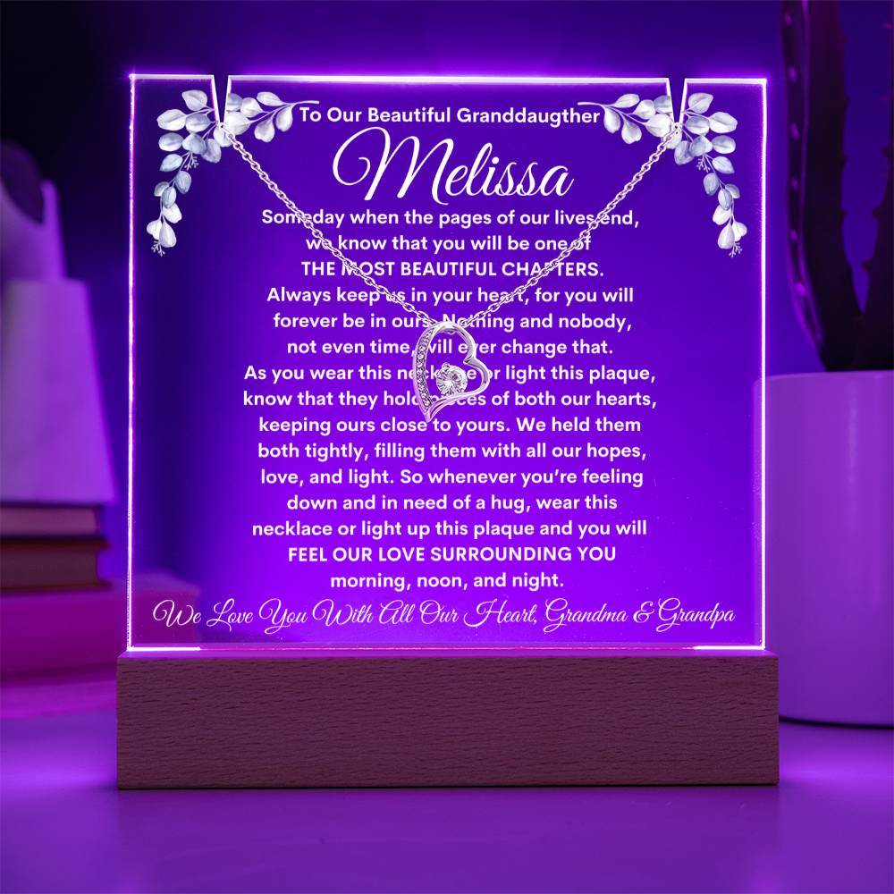 To Granddaughter From Grandma & Grandpa (or just Grandma or Grandpa) LED Lighted Keepsake Acrylic Plaque & Forever Love Necklace