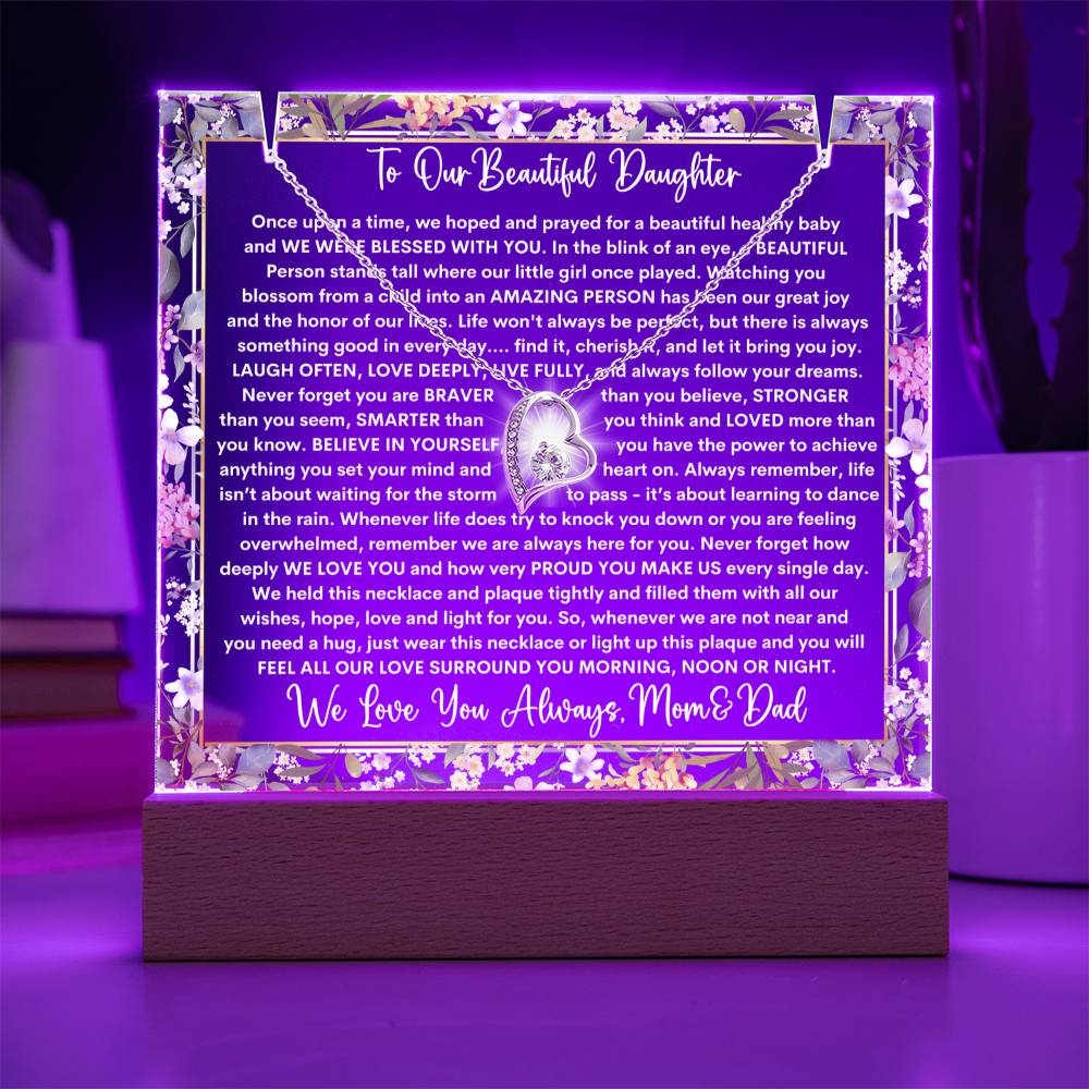 Daughter From Mom & Dad (or just Mom or Dad) Keepsake LED Lighted Acrylic Plaque & Forever Love Necklace