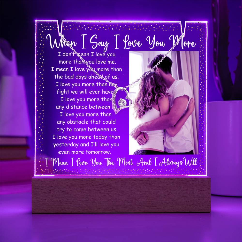 I Love You More Keepsake LED Lighted Acrylic Plaque & Forever Love Pendant Necklace