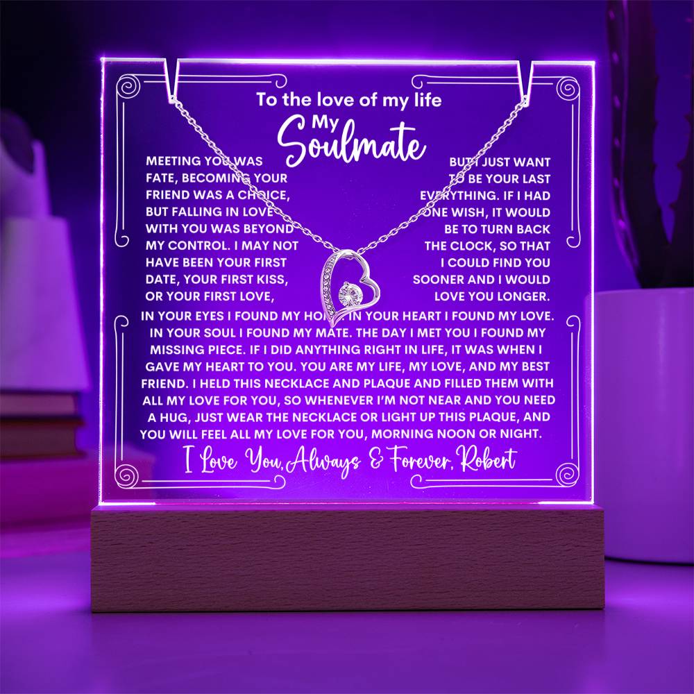 Soulmate Keepsake LED Lighted Acrylic Plaque With Forever Love Heart Pendant Necklace