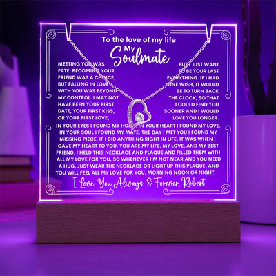 Soulmate Keepsake LED Lighted Acrylic Plaque With Forever Love Heart Pendant Necklace