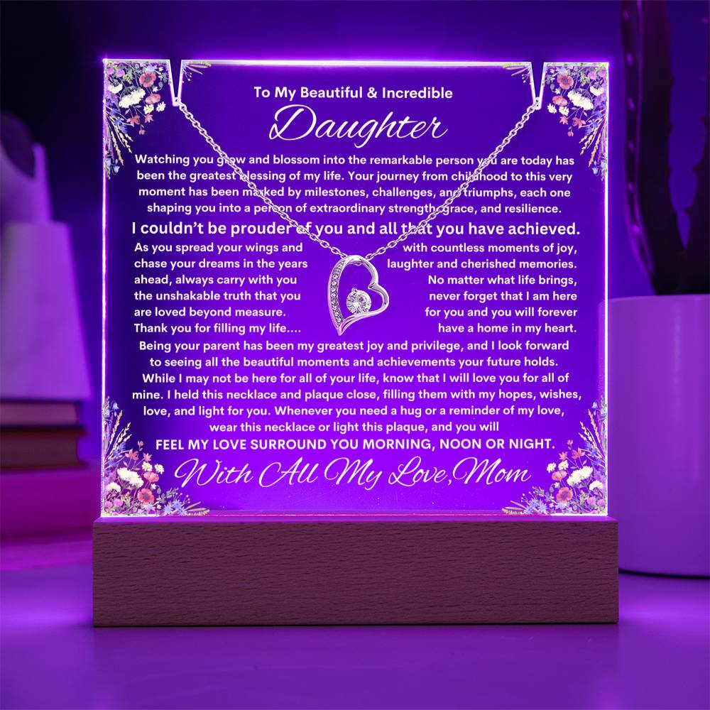 Daughter From Mom (or Dad ) Keepsake LED Lighted Acrylic Plaque & Forever Love Necklace