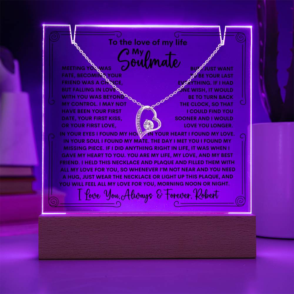 Soulmate Keepsake LED Lighted Acrylic Plaque With Forever Love Heart Pendant Necklace