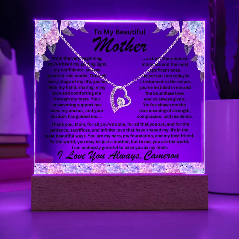 Mother Keepsake LED Lighted Acrylic Plaque with Heart Pendant Necklace