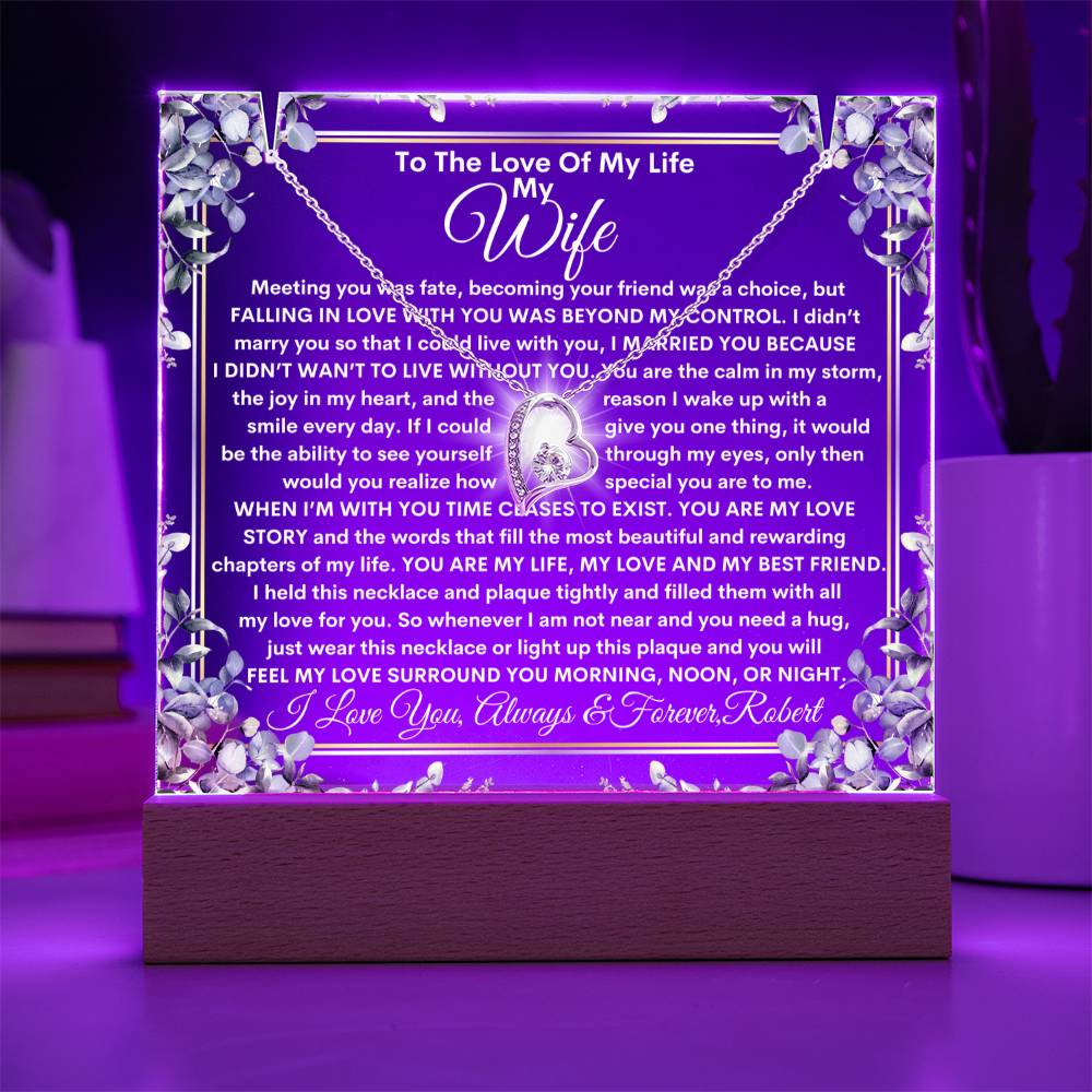 Wife Keepsake  LED Lighted Acrylic Plaque With Heart Pendant Necklace