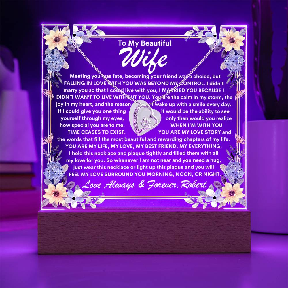 Wife Keepsake  LED Lighted Acrylic Plaque With Heart Pendant Necklace