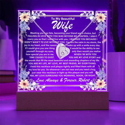 Wife Keepsake  LED Lighted Acrylic Plaque With Heart Pendant Necklace