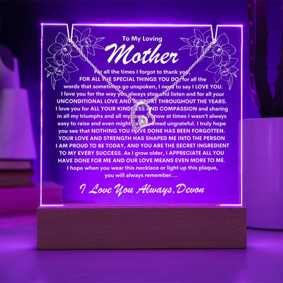 Mother Keepsake LED Lighted Acrylic Plaque With Forever Love Heart Pendant Necklace