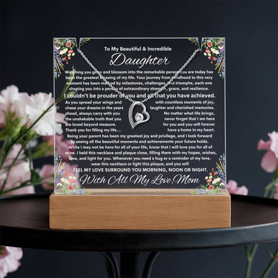 Daughter From Mom (or Dad ) Keepsake LED Lighted Acrylic Plaque & Forever Love Necklace