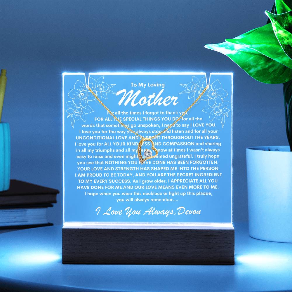 Mother Keepsake LED Lighted Acrylic Plaque With Forever Love Heart Pendant Necklace