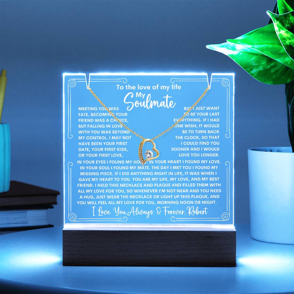 Soulmate Keepsake LED Lighted Acrylic Plaque With Forever Love Heart Pendant Necklace