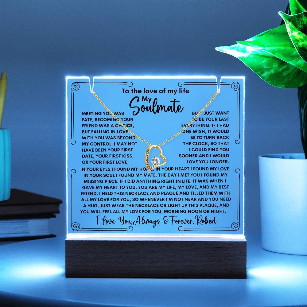 Soulmate Keepsake LED Lighted Acrylic Plaque With Forever Love Heart Pendant Necklace