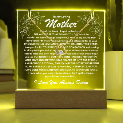 Mother Keepsake LED Lighted Acrylic Plaque With Forever Love Heart Pendant Necklace