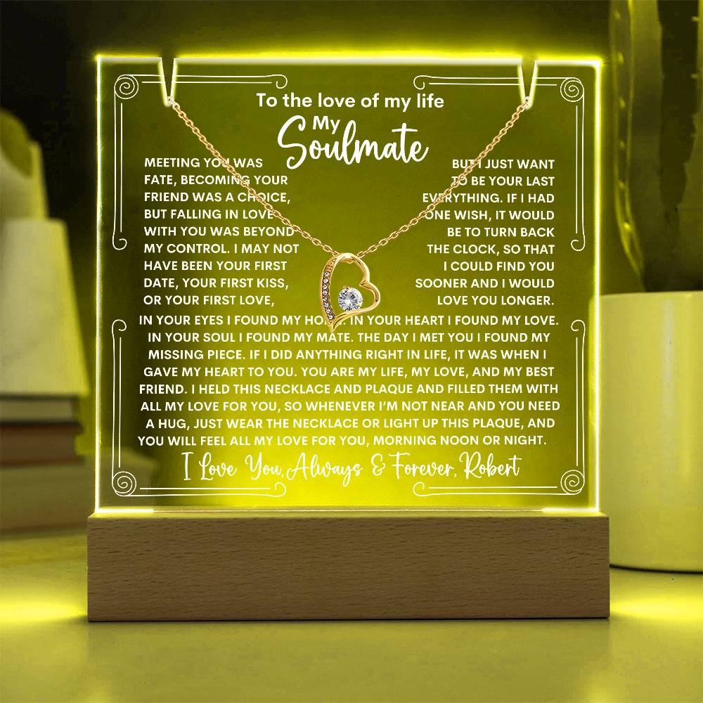 Soulmate Keepsake LED Lighted Acrylic Plaque With Forever Love Heart Pendant Necklace