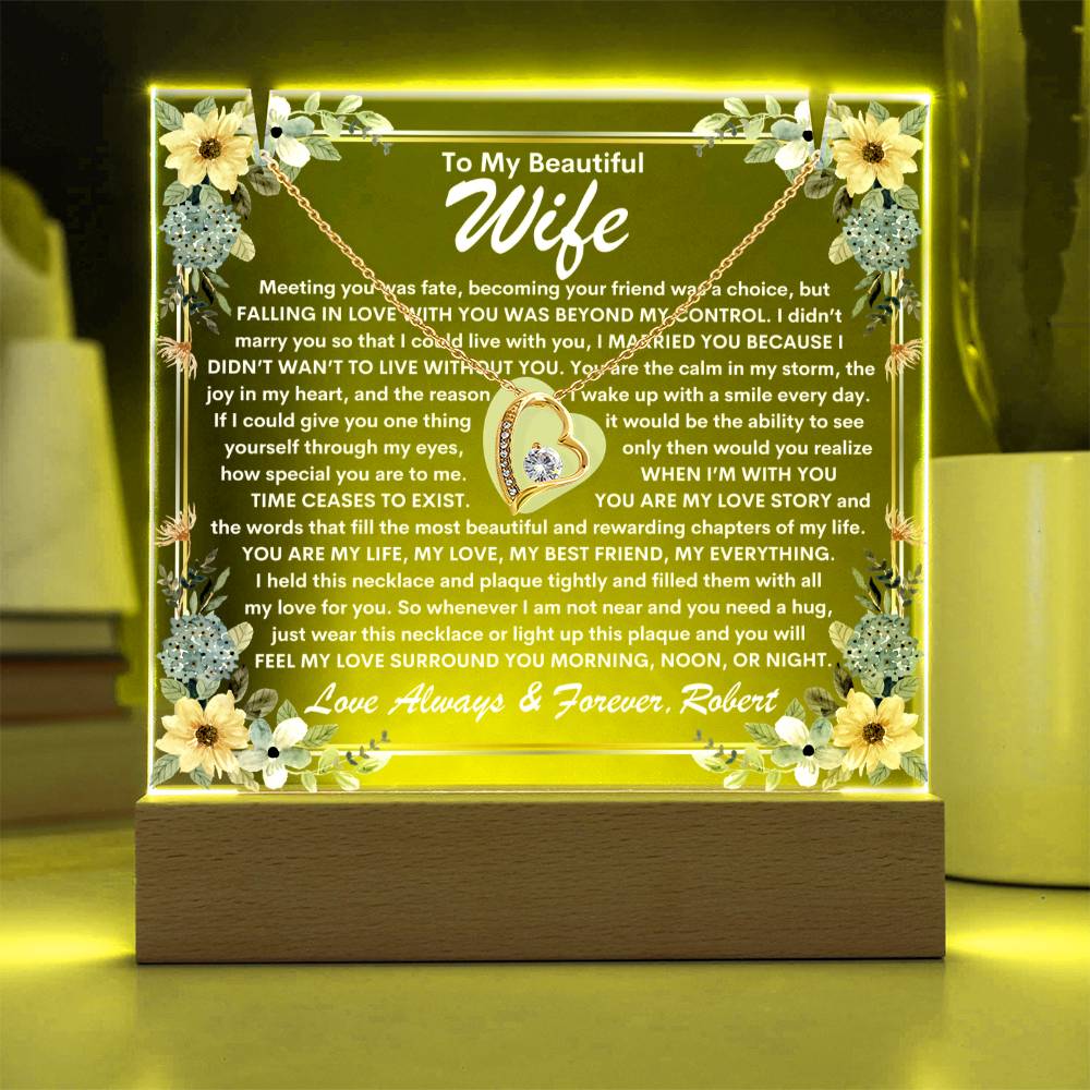 Wife Keepsake  LED Lighted Acrylic Plaque With Heart Pendant Necklace