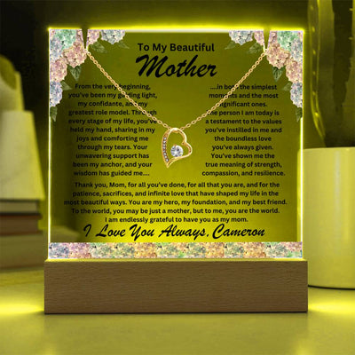 Mother Keepsake LED Lighted Acrylic Plaque with Heart Pendant Necklace