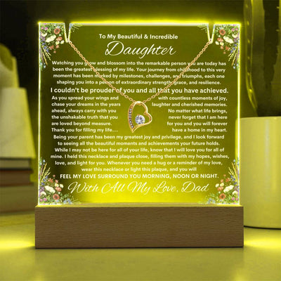 Daughter From Dad (or Mom ) Keepsake LED Lighted Acrylic Plaque & Forever Love Necklace