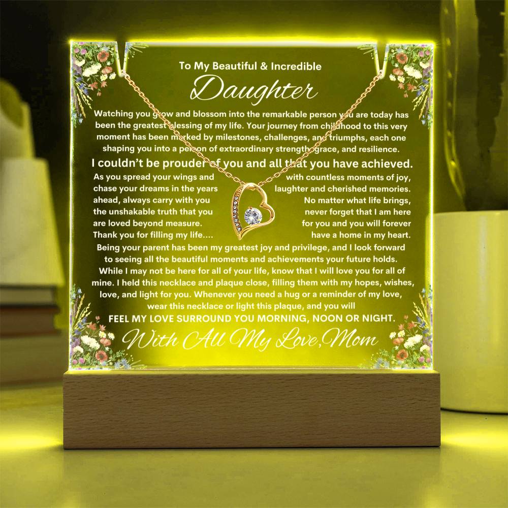 Daughter From Mom (or Dad ) Keepsake LED Lighted Acrylic Plaque & Forever Love Necklace