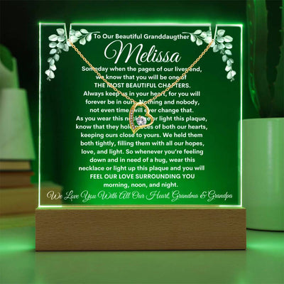 To Granddaughter From Grandma & Grandpa (or just Grandma or Grandpa) LED Lighted Keepsake Acrylic Plaque & Forever Love Necklace