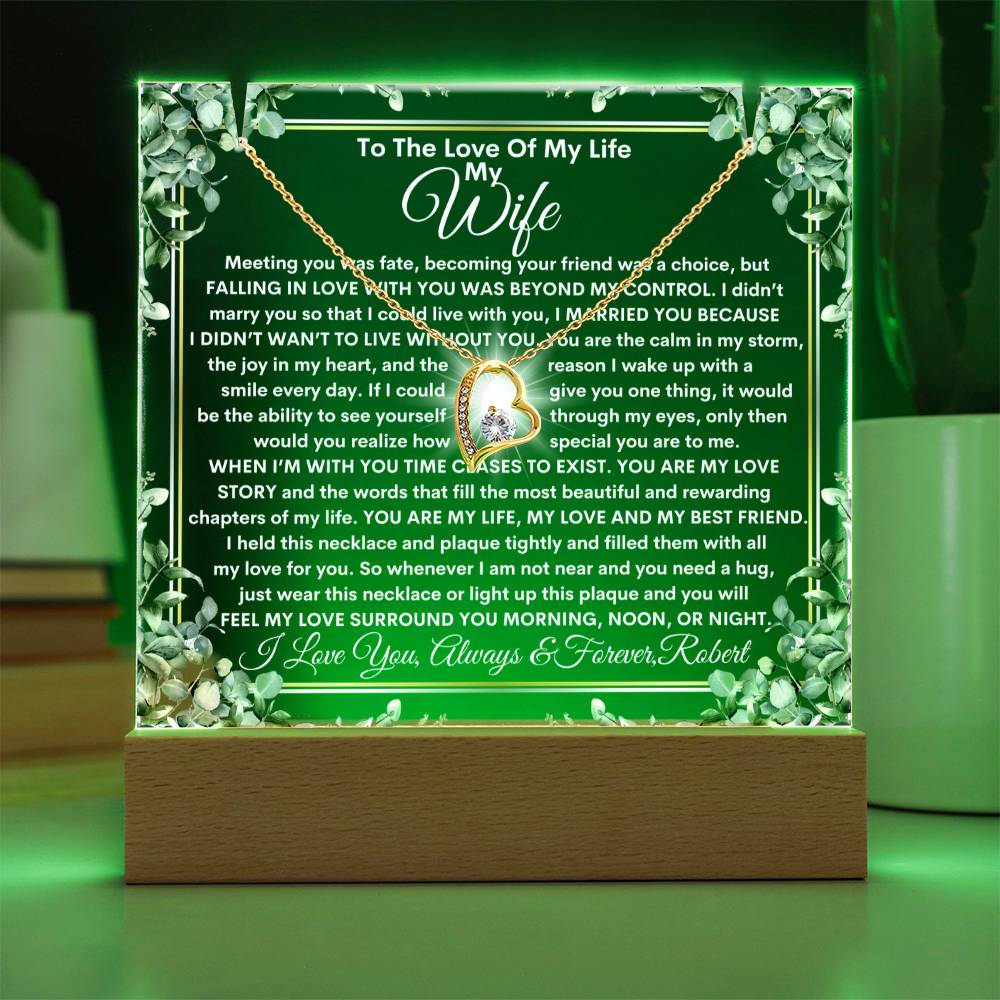 Wife Keepsake  LED Lighted Acrylic Plaque With Heart Pendant Necklace