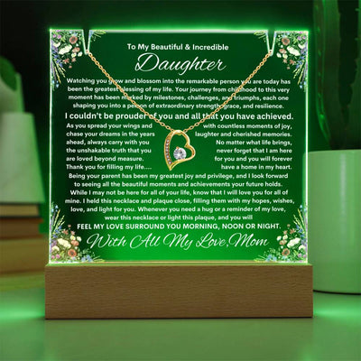 Daughter From Mom (or Dad ) Keepsake LED Lighted Acrylic Plaque & Forever Love Necklace