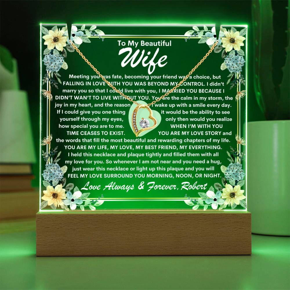 Wife Keepsake  LED Lighted Acrylic Plaque With Heart Pendant Necklace