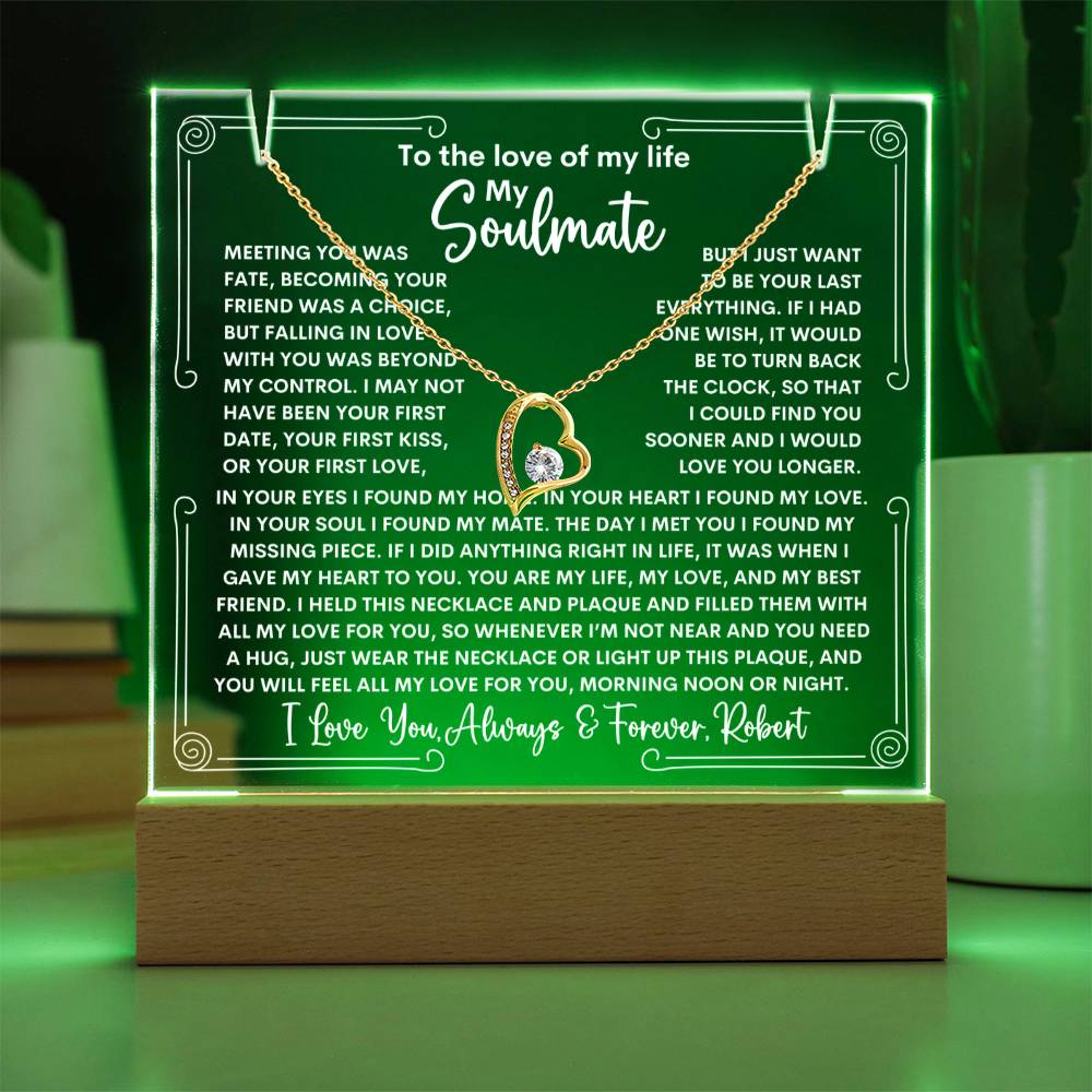 Soulmate Keepsake LED Lighted Acrylic Plaque With Forever Love Heart Pendant Necklace