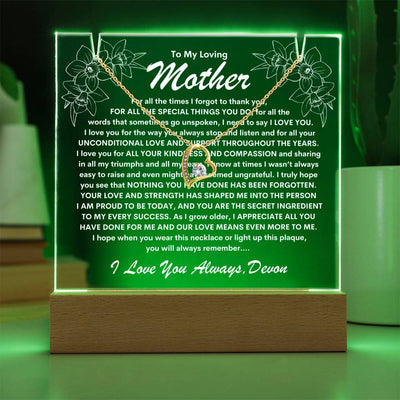 Mother Keepsake LED Lighted Acrylic Plaque With Forever Love Heart Pendant Necklace