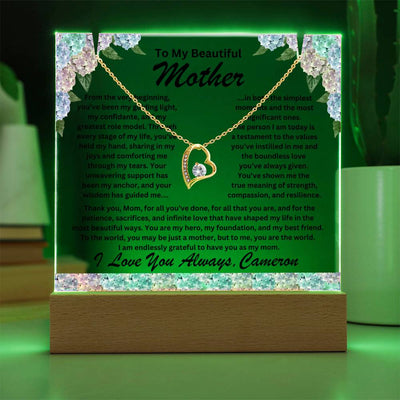 Mother Keepsake LED Lighted Acrylic Plaque with Heart Pendant Necklace