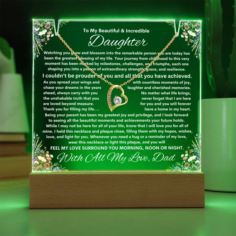 Daughter From Dad (or Mom ) Keepsake LED Lighted Acrylic Plaque & Forever Love Necklace