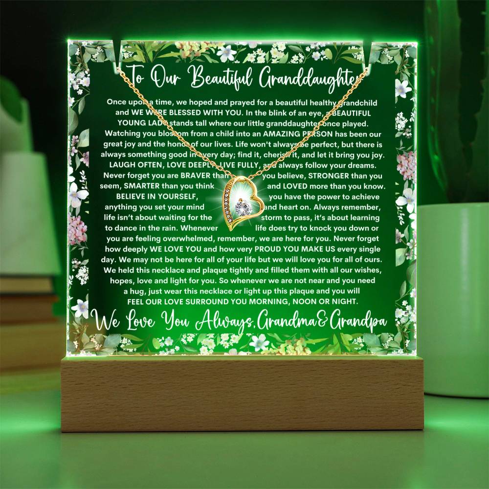 Granddaughter From Grandma & Grandpa (or just Grandma or Grandpa) Keepsake LED Lighted Acrylic Plaque & Forever Love Necklace