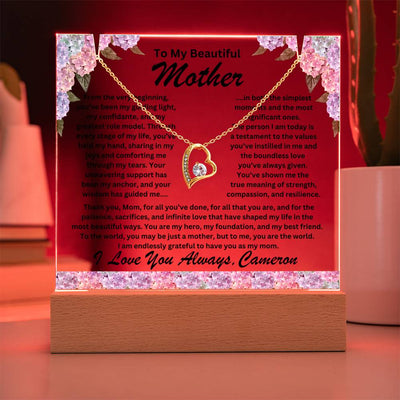 Mother Keepsake LED Lighted Acrylic Plaque with Heart Pendant Necklace