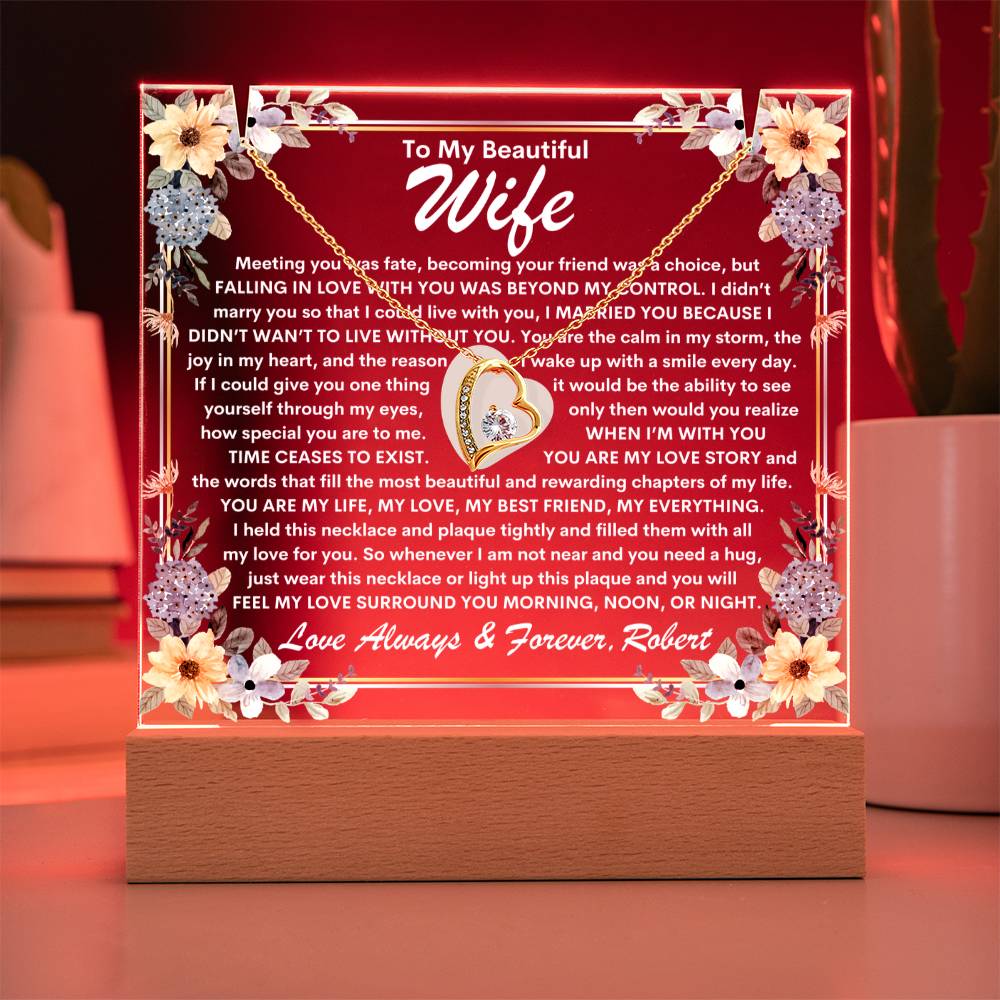 Wife Keepsake  LED Lighted Acrylic Plaque With Heart Pendant Necklace