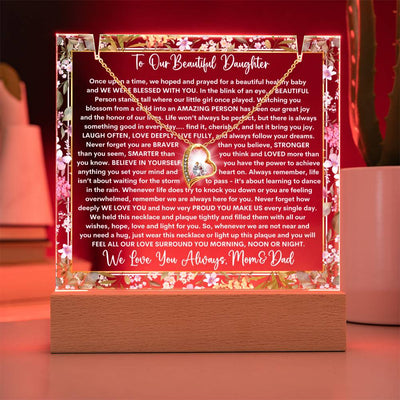 Daughter From Mom & Dad (or just Mom or Dad) Keepsake LED Lighted Acrylic Plaque & Forever Love Necklace