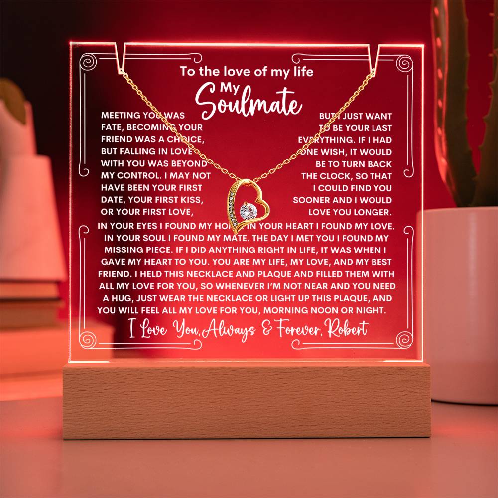 Soulmate Keepsake LED Lighted Acrylic Plaque With Forever Love Heart Pendant Necklace