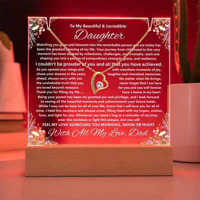 Daughter From Dad (or Mom ) Keepsake LED Lighted Acrylic Plaque & Forever Love Necklace