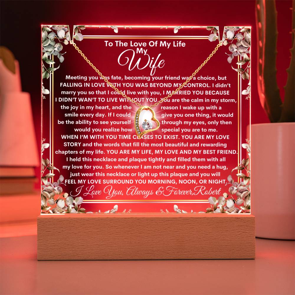 Wife Keepsake  LED Lighted Acrylic Plaque With Heart Pendant Necklace