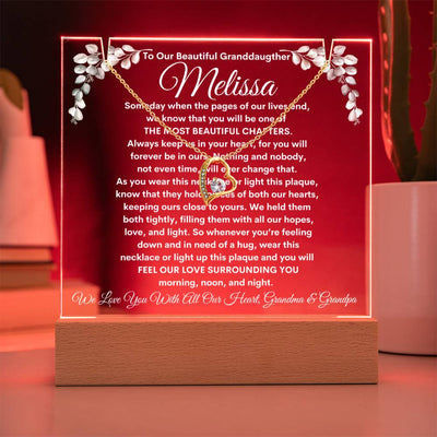 To Granddaughter From Grandma & Grandpa (or just Grandma or Grandpa) LED Lighted Keepsake Acrylic Plaque & Forever Love Necklace