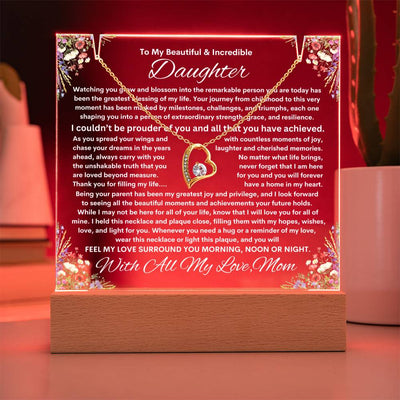 Daughter From Mom (or Dad ) Keepsake LED Lighted Acrylic Plaque & Forever Love Necklace